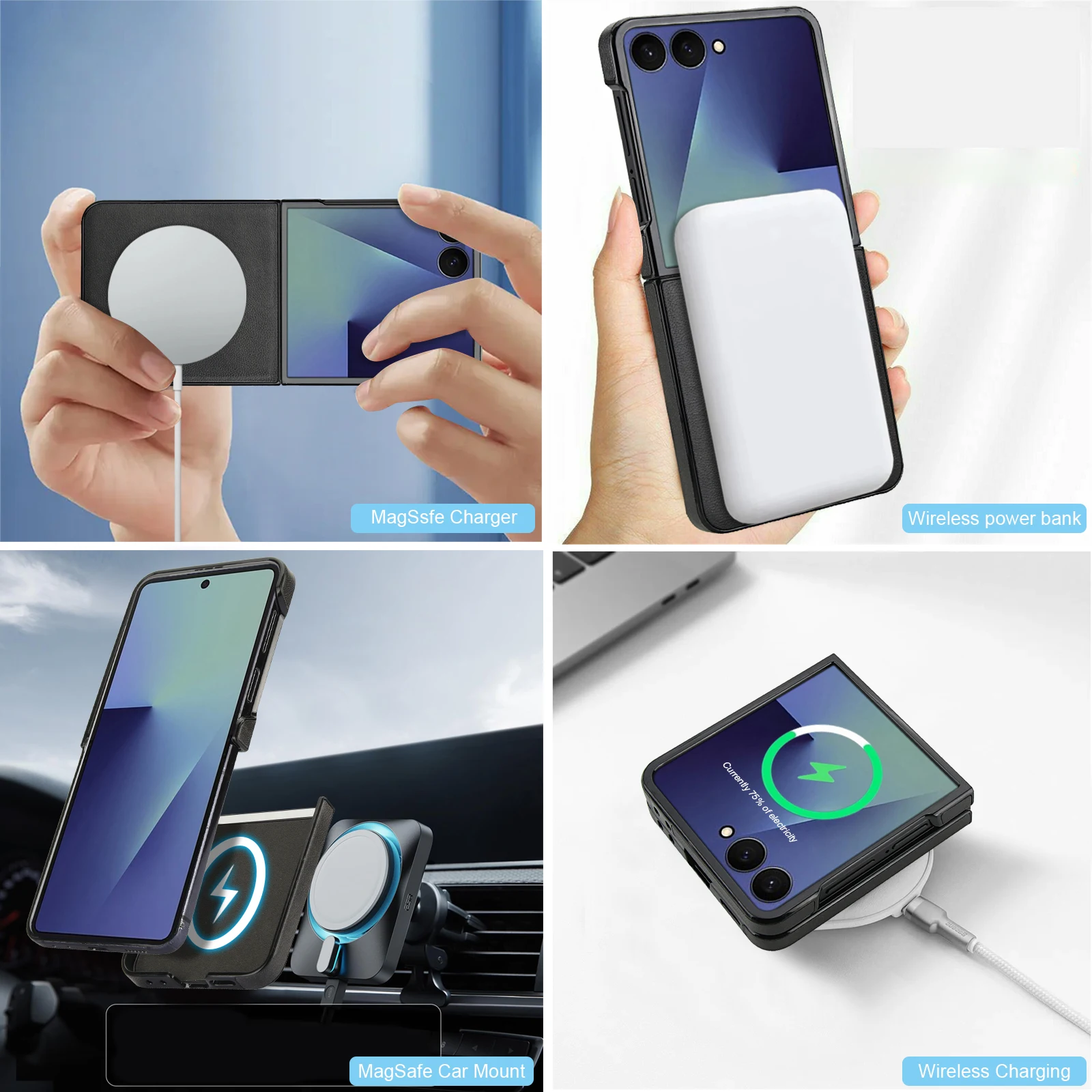 حافظة هاتف جلدية مغناطيسية للشحن اللاسلكي لهاتف سا...