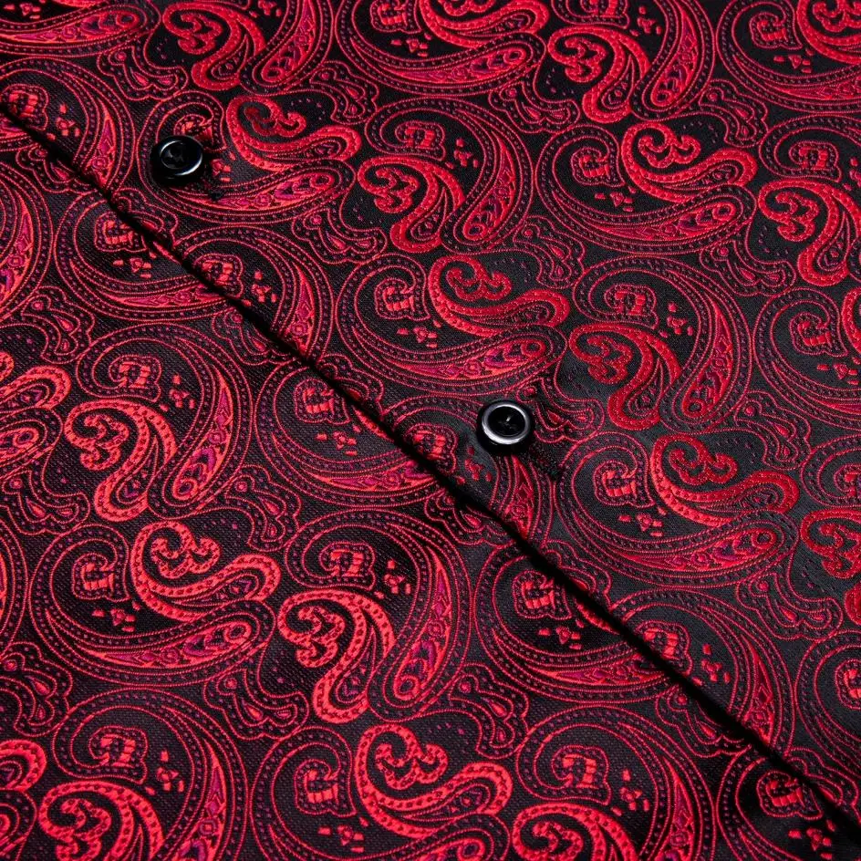 Long Sleeve Shirt Hi-Tie Long Sleeve Silk Shirts For Men Suit Dress Outwear Male Slim Jacquard Wedding Floral Paisley Gold Blue Red