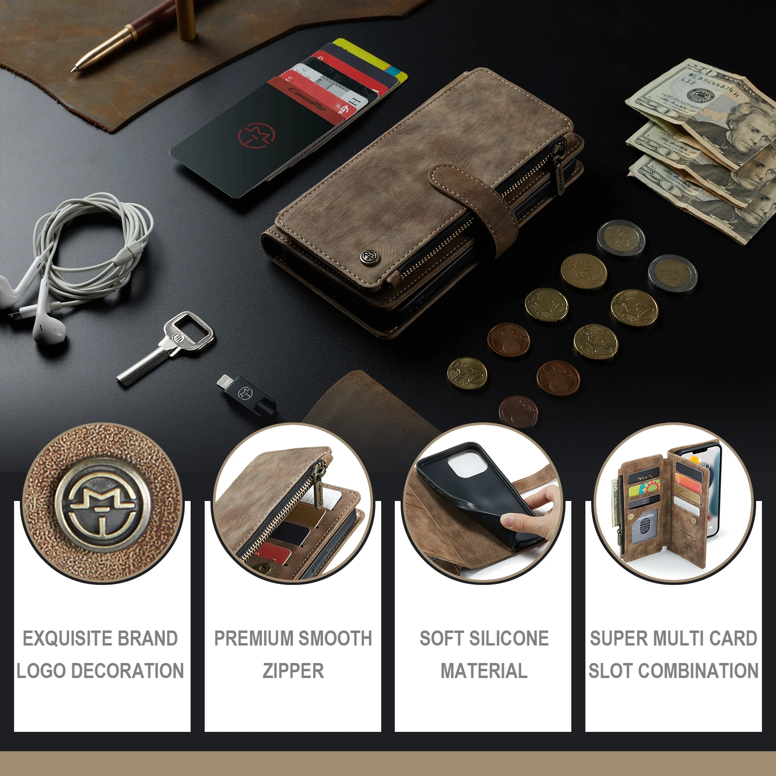 Zipper Wallet Flip Phone Case For iPhone 15 14 13 12 Mini 11 Pro XS Max XR X 8 7 Plus Purse Card Holder Stand Leather Cover