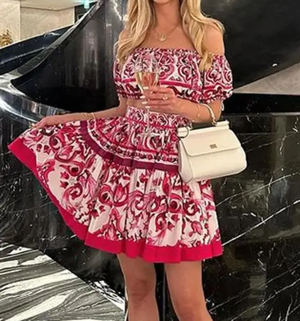 

Summer Outfits for Women 2023 New Fashion Casual Off Shoulder Top Loose Short Skirt Print Set Sweet and Fresh Y2K Clothing
