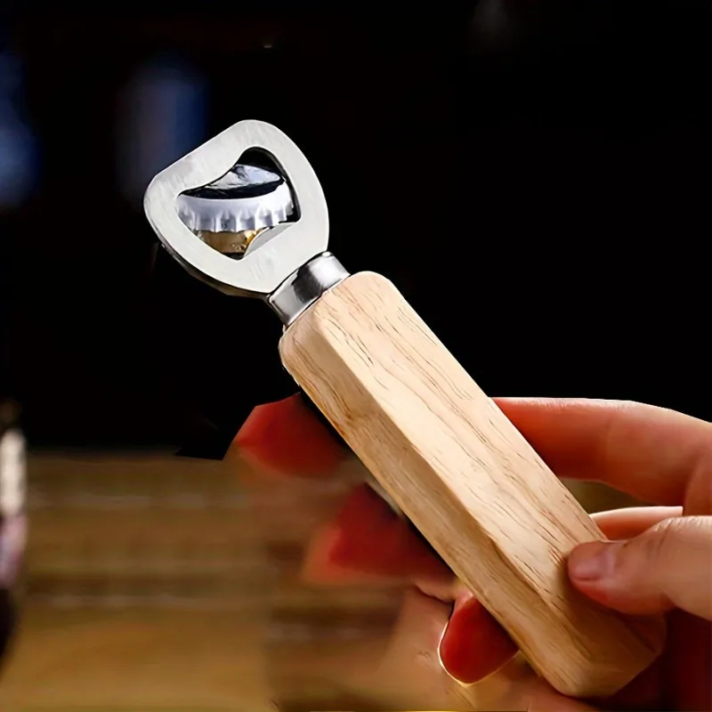 1pc Wooden Handle Opener, Creative Beer Can Openerm Household Stainless Steel Bottle Opener, Wine Opener