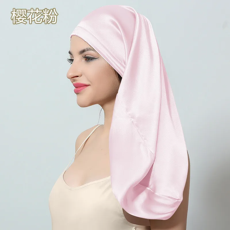 Birdtree 60cm 6A 100%Real Silk Bonnet Women Elastic Wide Edge Long Hair Hat Sleeping Hats Silk Wrap Night Hair Care Cap A41104QC 3