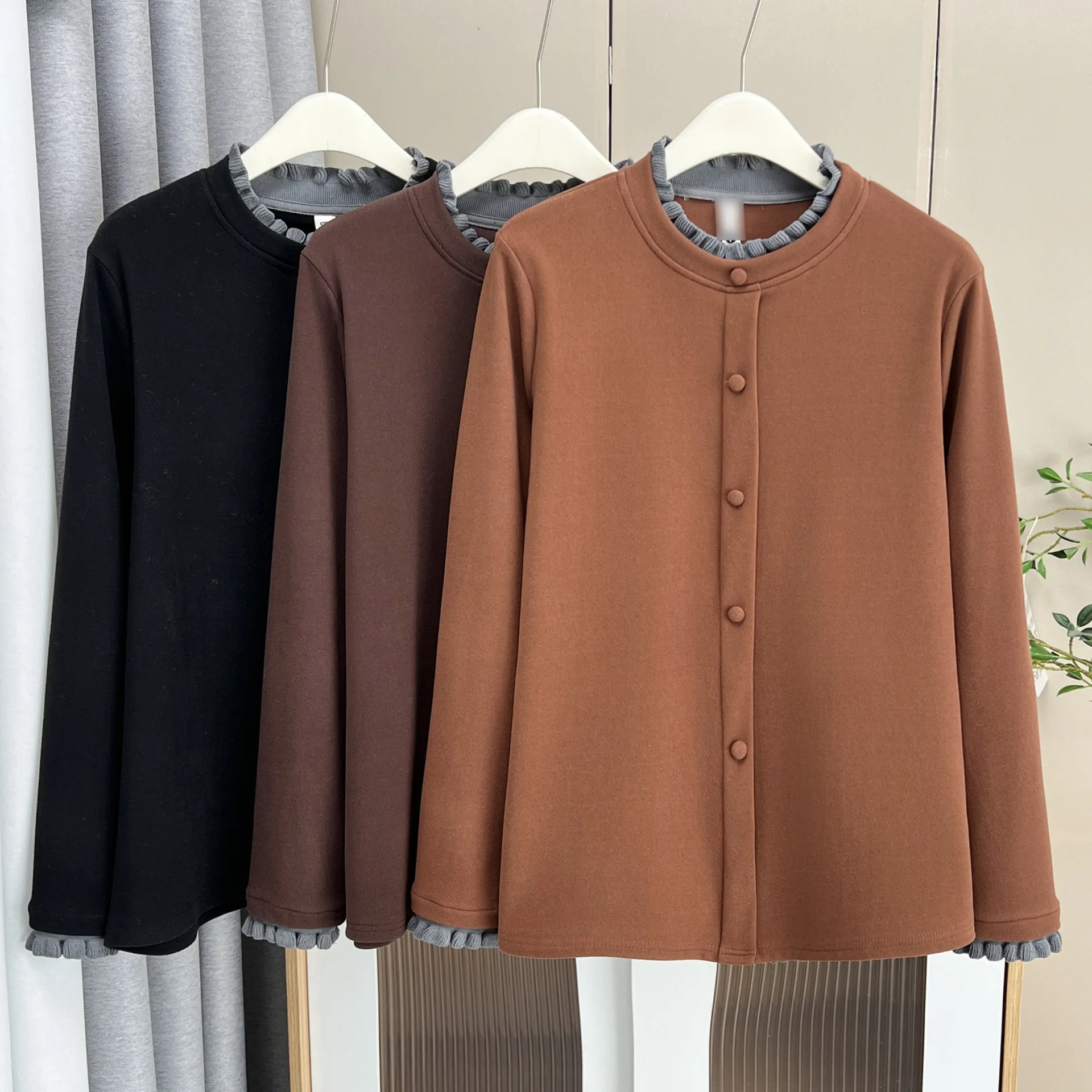 XXXXL Fashion Plus Size Women's T-Shirt Autumn Winter De Velvet Warm Block Color Ruffled Collar Long Sleeve Base Tops 984