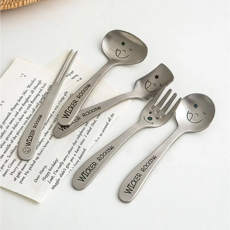 Stainless Steel 304 Kids Cutlery Cartoon Smiling Pattern Carving Child Tableware Cute Spoon Fork Set Baby Feeding Flatware