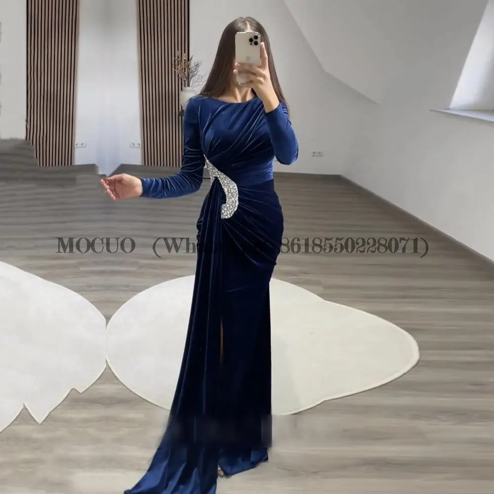 

Velvet Evening Dress for Wedding Party O-Neck Beaded Long Sleeves Mermaid Dubai Arabic Formal Celebrity Prom Gowns