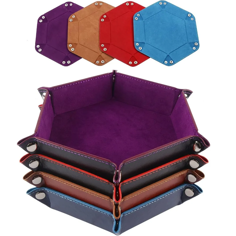 롤링 접이식 육각 주사위 게임 보관 트레이 거치대, 양면 두꺼운 PU 가죽 및 벨벳 주사위 매트, 사무용품