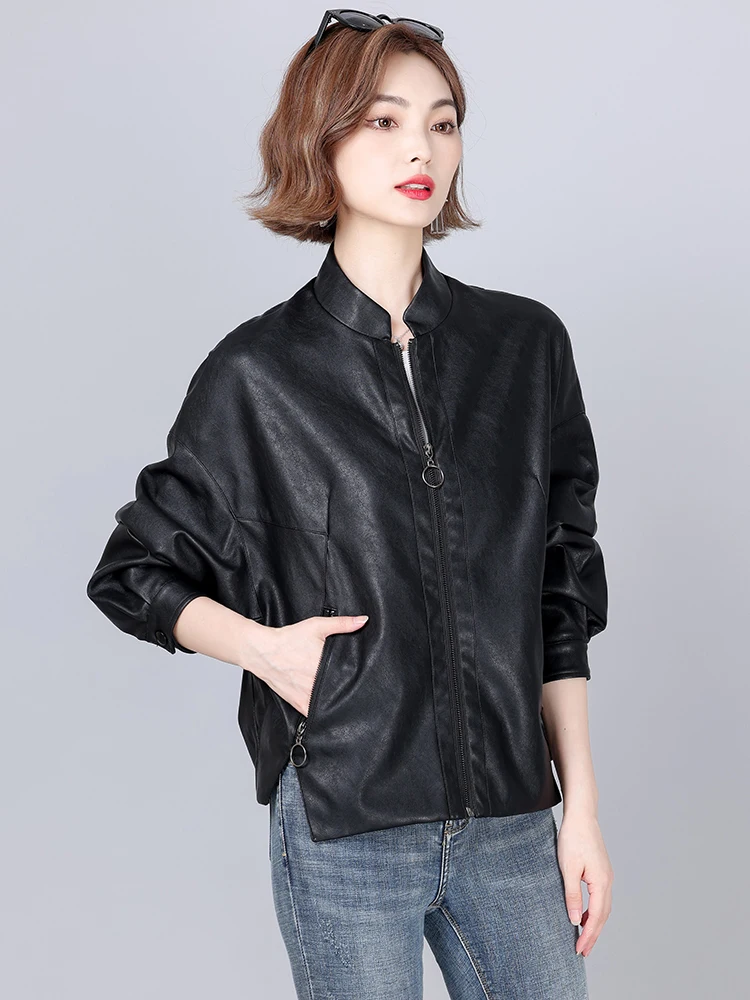 New Women Loose Leather Jacket Spring Autumn Fashion Stand Collar Bat Sleeve Casual Oversize Sheepskin Jacket Split Leather Coat