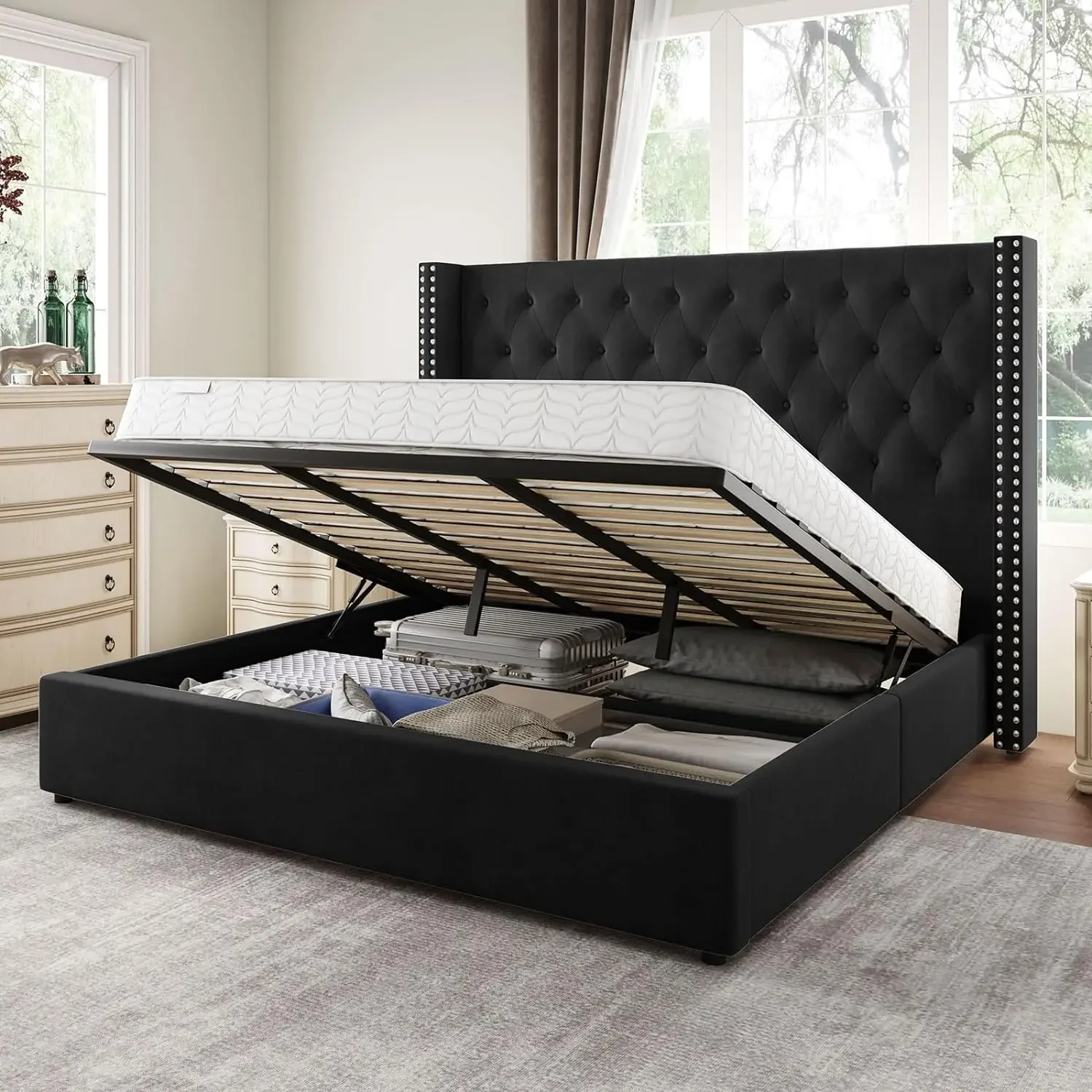 King Size Lift Up Storage Bed, Upholstered Platform Bed Frame and Velvet Button Tufted Headboard with Wingback Hydraulic Storage