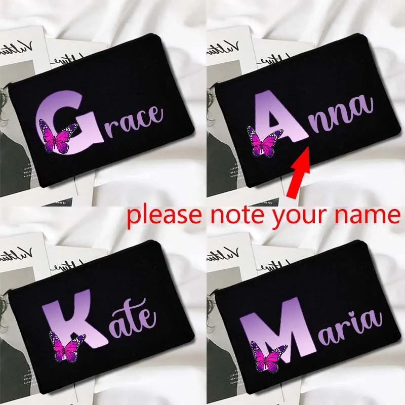 

Custom Name Makeup Bag Bridesmaid Maid of Honor Holiday Wedding Bachelorette Party Gift Alphabet Butterfly Print Cosmetic Bag