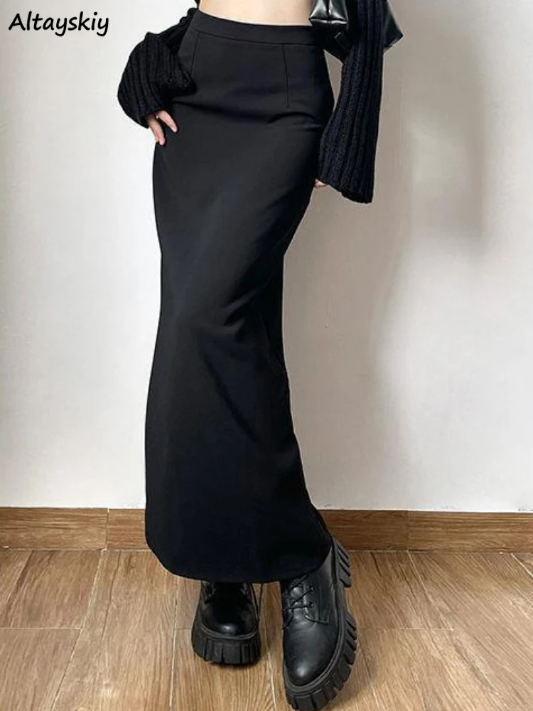 

Black Long Skirts Women Hip Wrapped Hot Girls Korean Fashion Solid Simple Back-slit Spring A-line Streetwear All-match Cool Chic