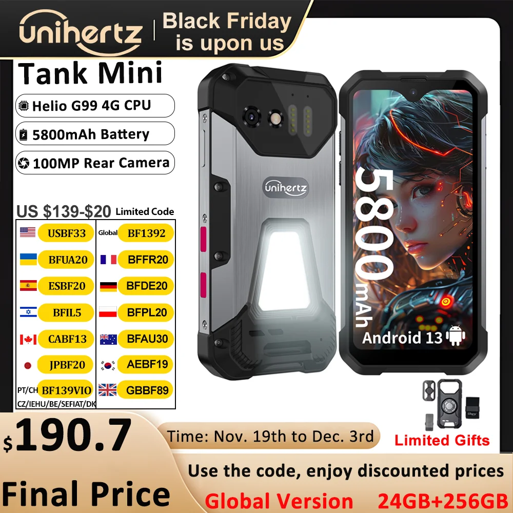 Unihertz 8849 Tank Mini Rugged Smartphone 4.3 Inch Display Android 13 Helio G99 Octa Core 5800mAh 100MP Cameras 16GB 256GB IP68