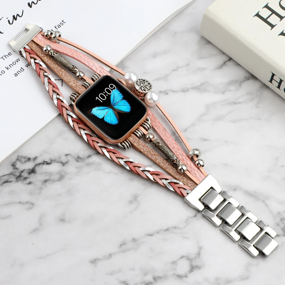 Jewelry Leather Strap for Apple Watch 49mm 45mm 41mm 44mm 40mm 42mm 38mmReplacement Bracelet Wristband for iWatch Ultra 876543SE