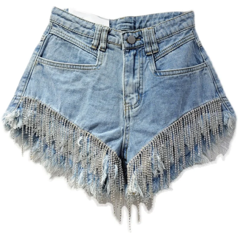 Heavy Industry Hot Rhinestone Tassel Chain Denim Shorts Women 2023 Summer New Slim Slimming Blue Jeans Shorts Female Short Pants
