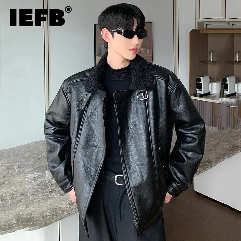 

IEFB Lamb Wool PU Leather Male Padded Jacket High Street Lapel Plushed Buckle Design Men's Cotton Coat Stylish Winter New 9C3960