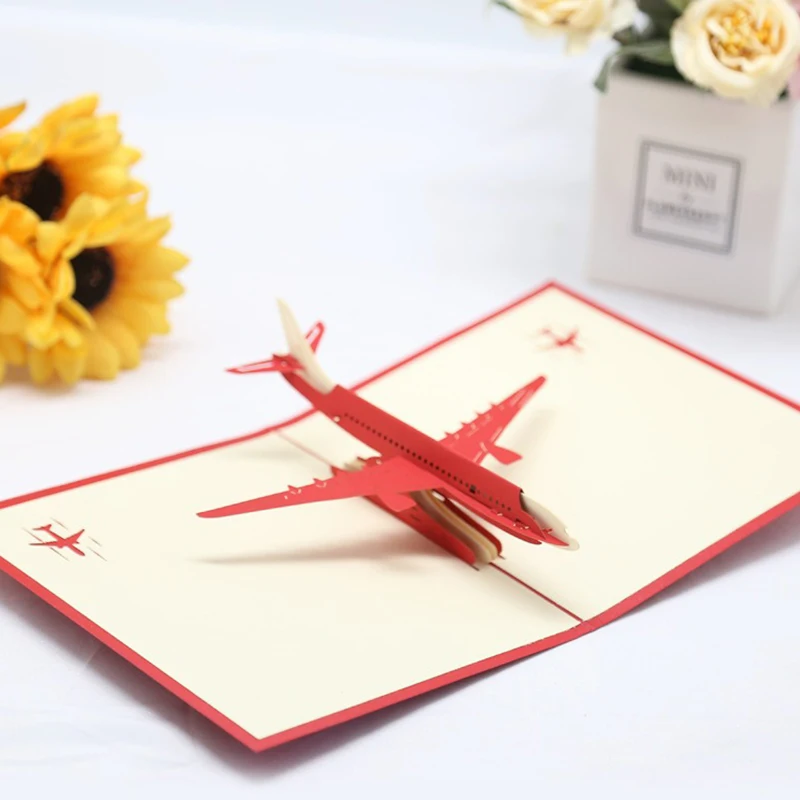 3D Airplane Greeting Card Foldable Paper Carving Card for Festival Birthday Party Invitation Creative Ornament 1PC