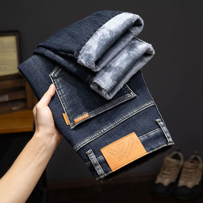 2024 New Winter Fleece-lined Thick Jeans High-End Island Velvet Slim Straight Warm Anti-Freezing Cold-Resistant Trousers 3