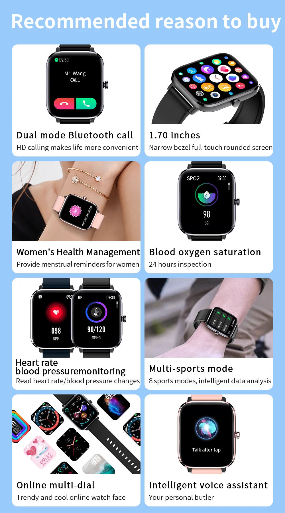 2022 Body temperature Bluetooth-compatibl calling Music control Heart rate Blood pressure  A variety of sports mode Smartwatch