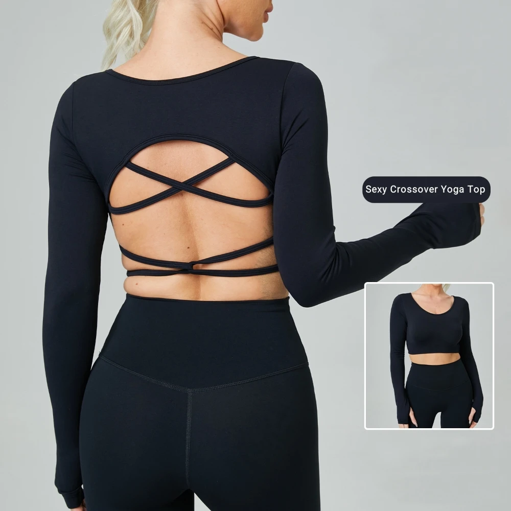 Sexy Back Cross Hollow Yoga Top Women's Backless Shirt Thumbhole Running Fitness Tee Quick Dry Breathable