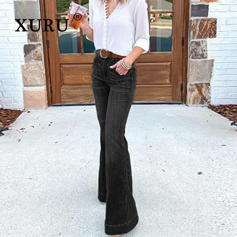 XURU - European and American New High Waist Micro Elastic Wide Leg Jeans for Women, Black Light Blue Dark Blue Long Jeans 8-3162