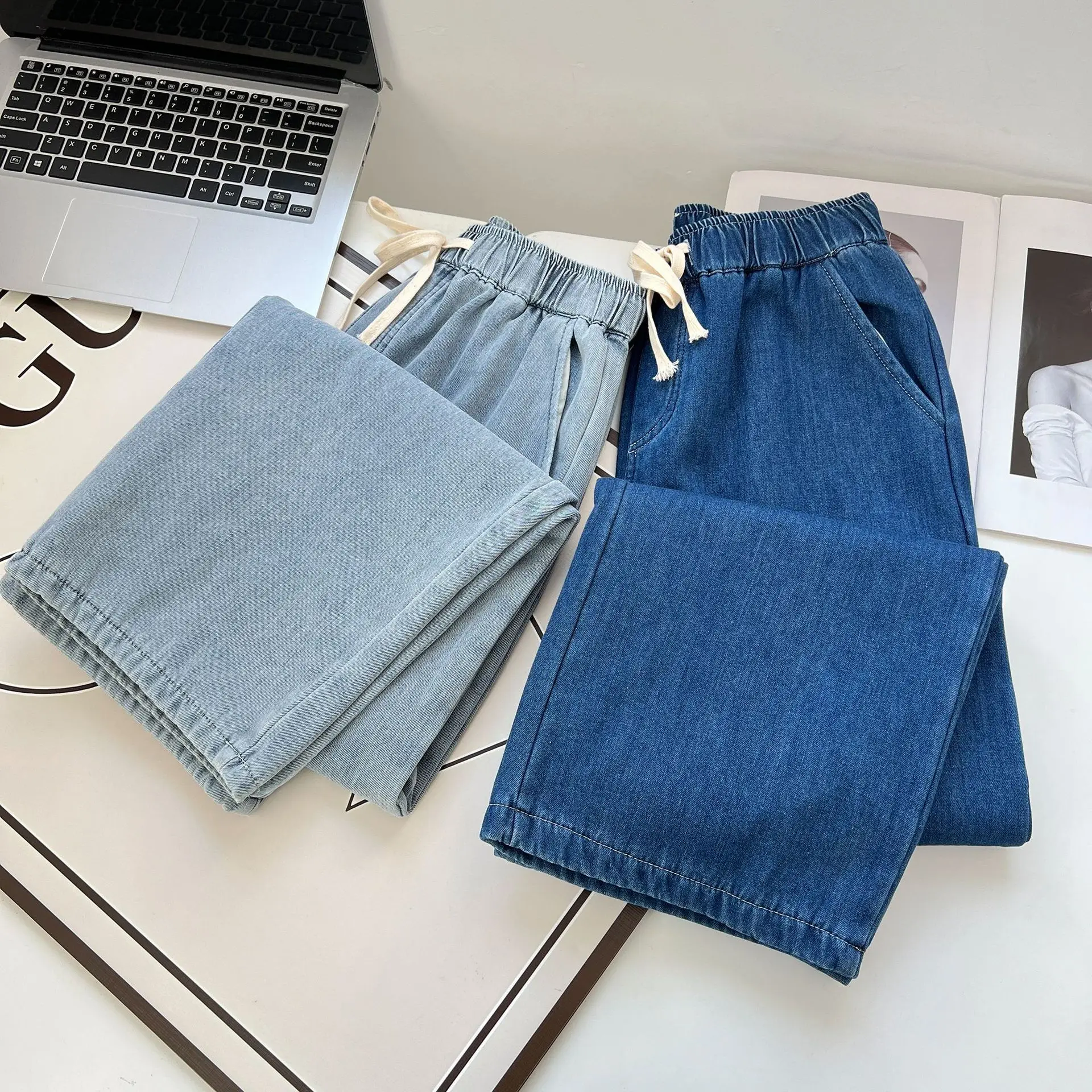 Women's Fleece-lined Denim Straight Pants Thick High-waisted Jeans Casual Wide Leg Plus Size Warm Winter, 100kg, 1866
