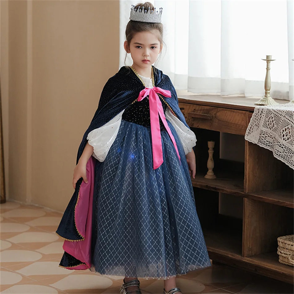 Anna Role Play Princess Hooded Cape Girl Print Cloak Kid Cosplay Birthday Carnival Halloween Party Charm Shiny Costume Accessory