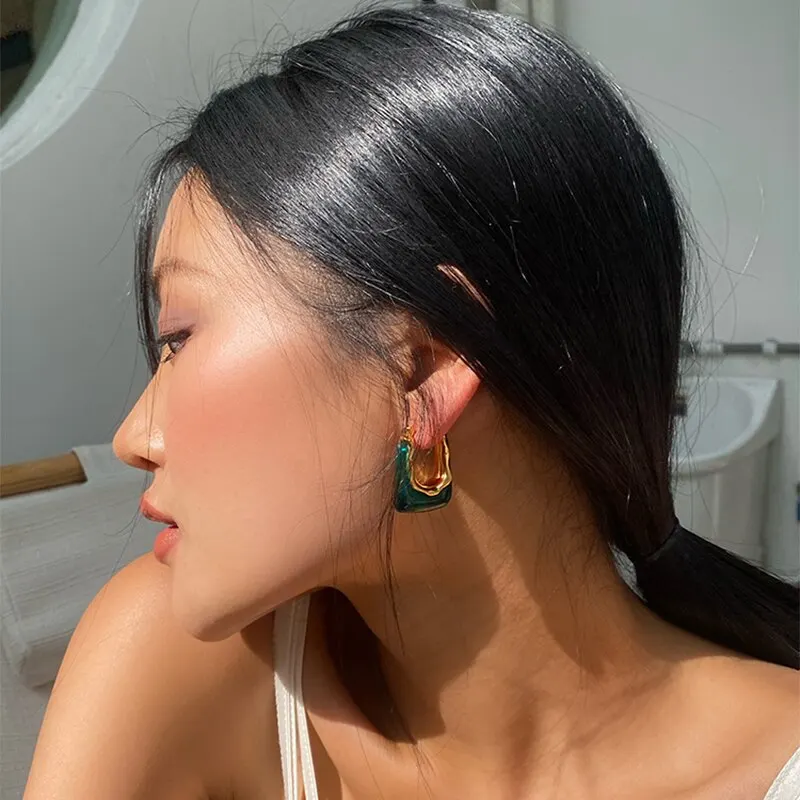 Green Pink Transparent Resin Earrings - Geometric Irregular Stud Earring