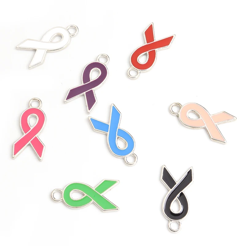 20pcs Pink Ribbon Enamel Charms Colorful Ribbon Breast Cancer
