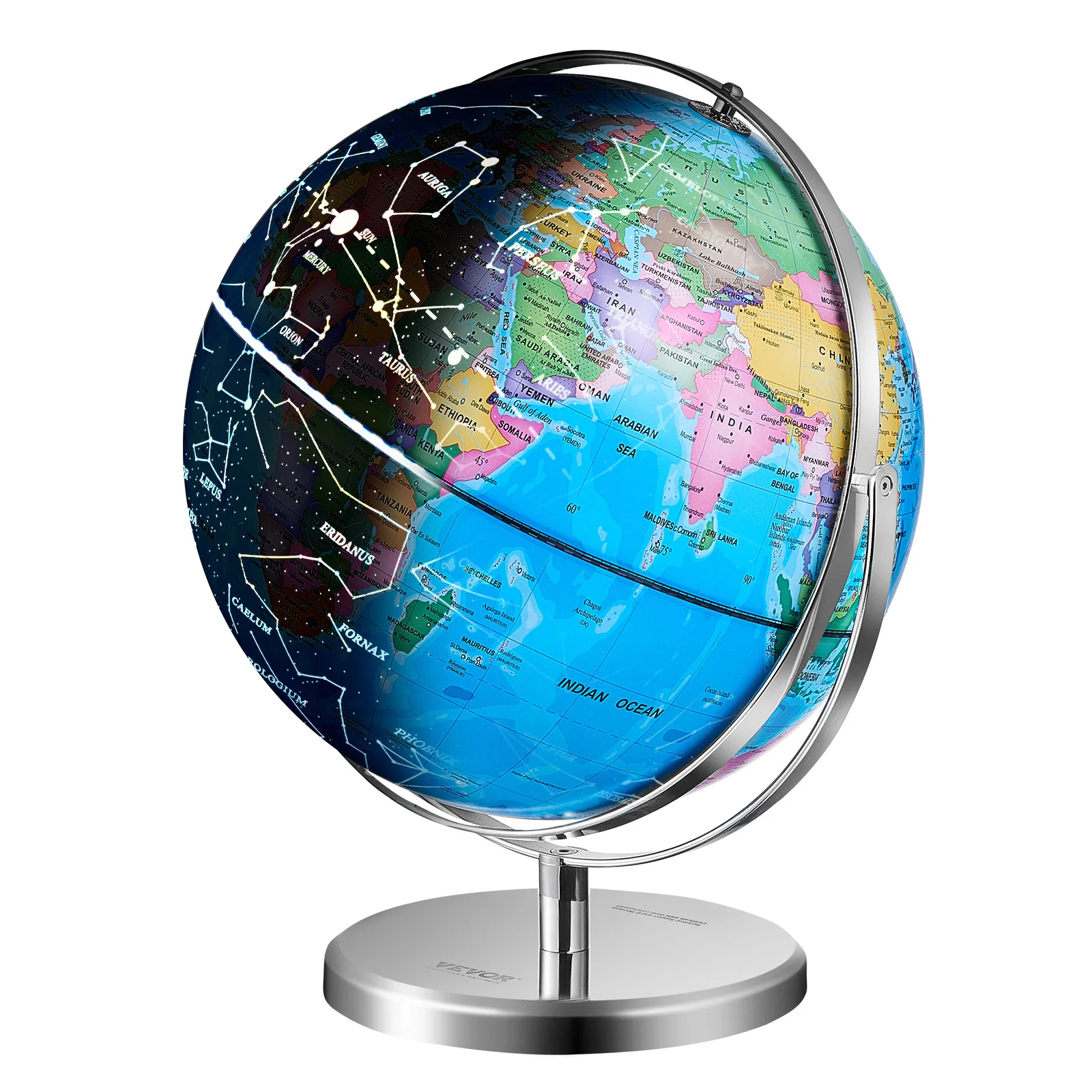 Illuminated World Globe with Stand 9in/228.6mm Stable Heavy Metal Base and LED Constellation Night Light HD Printed Map SucceBuy