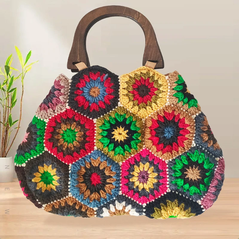 Bohemian Granny SquareCrochet Women Handbags Vintage Wooden Knitted Hand Bags Handmade Woven Large Tote Big Shopper Purses 2023