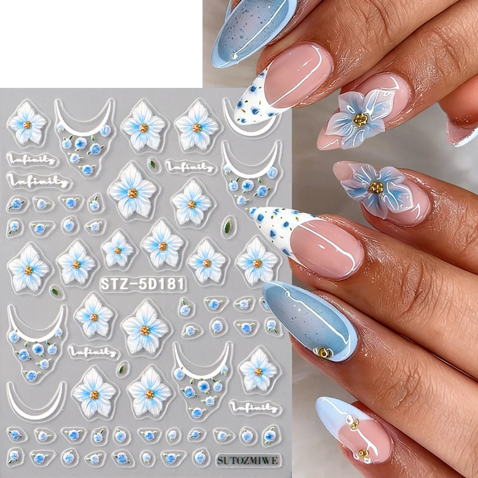 2pcs 블루 수국 꽃 네일 스티커 3D 아크릴 꽃 프렌치 팁 네일 아트 데칼 여름 네일 슬라이더 장식 매니큐어