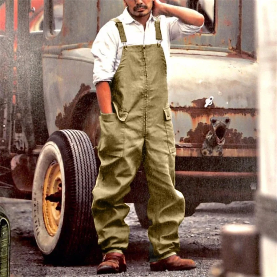 Denim overalls men rompers New men's jumpsuit plus size streetwear solid color overalls pockets loose suspenders baggy work wear cargo pants men