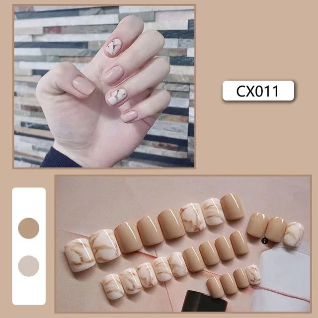 24pcs/box Fake Nails Press on Short Reusable with Designs Set French Artificial Pink False Tipsy Stick-on Nails Tips Art CX011