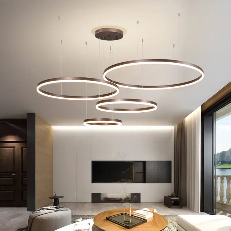 

2023 Modern Led Chandelier Home Lighting Brushed Rings Ceiling Mounted Chandelier Lighting Hanging Lamp Gold&Coffee color