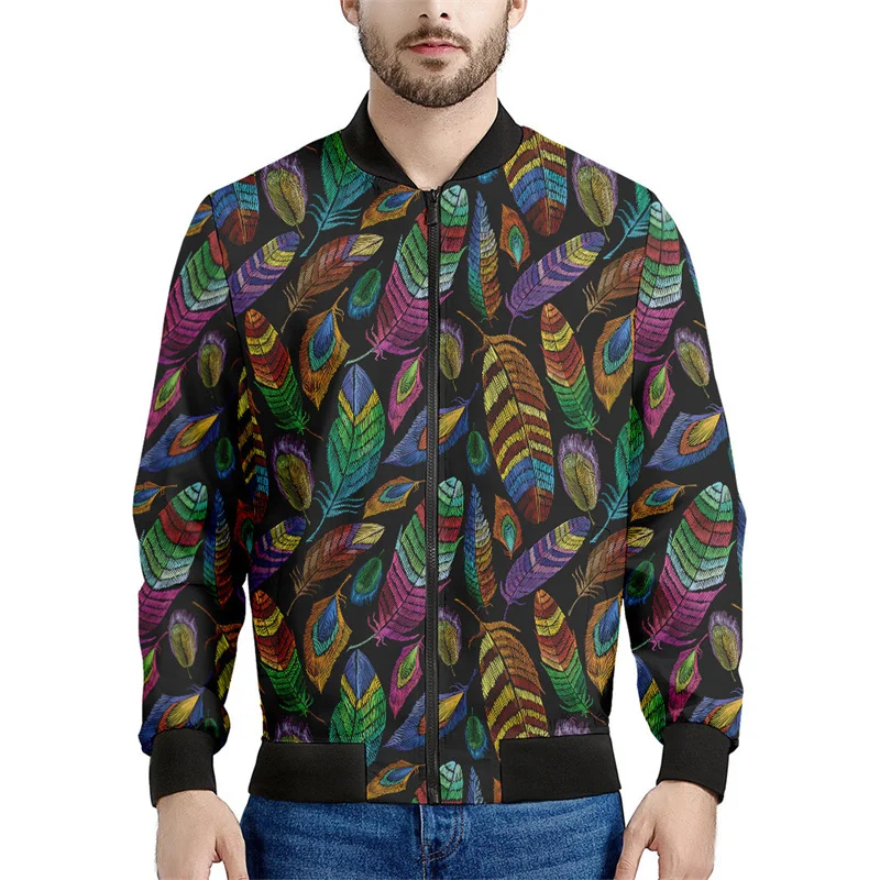 thumbnail image 1 of Chaquetas con estampado de plumas bohemias para hombre, sudadera de manga larga con estampado 3D retro, chaqueta bomber de calle de gran tamaño con cremallera, 1 of 5
