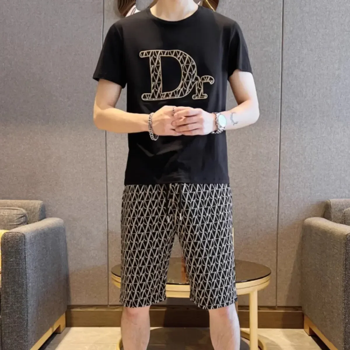 Conjunto de pantalones cortos estampados para hombre, ropa deportiva para gimnasio, camiseta negra ajustada con gráficos, conjuntos de pantalones cortos para hombre, conjunto de 2 piezas, dos conjunto