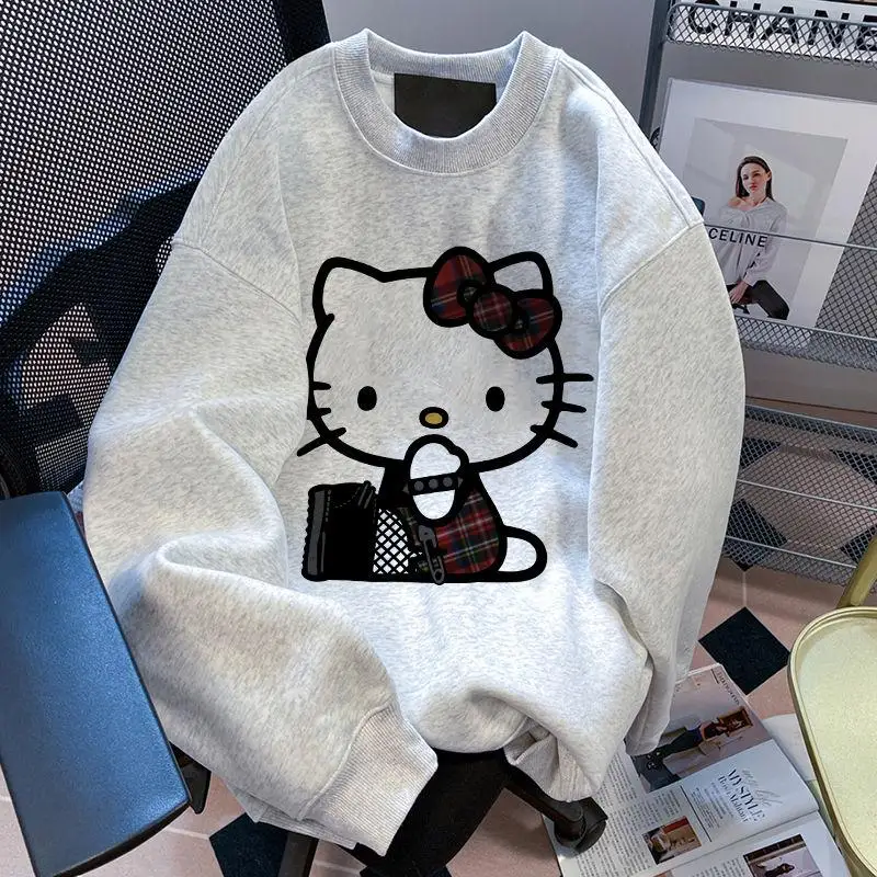 

Хлопковый свитер Hello Kitty, Свободный теплый свитер с круглым вырезом и аниме принтом Hello Kitty, свитер для пары