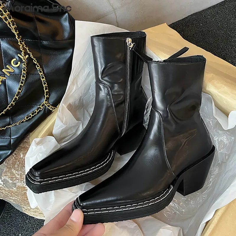 Retro Handsome Chelsea Short Boots Autumn and Winter Fashion Pointed Toe Thick Heel Mid-Heeled Boots Personalized Women's Boots