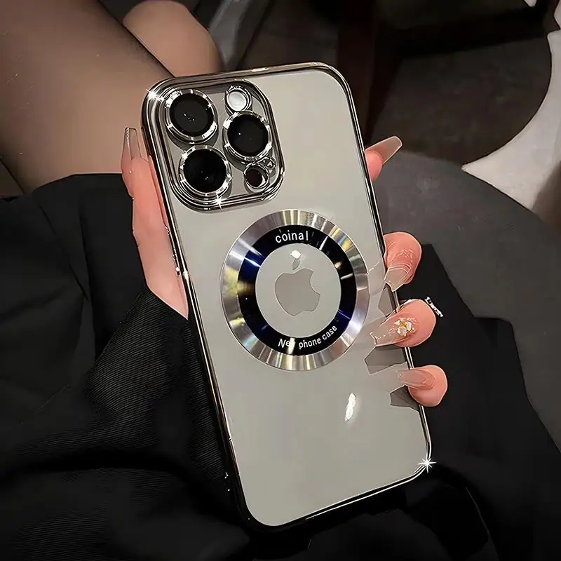 Luxury Logo Window Magnet Wireless Charger Plating Clear Case For iPhone 16 15 14 13 12 11 Pro Max Plus Back Cover For Magsafe