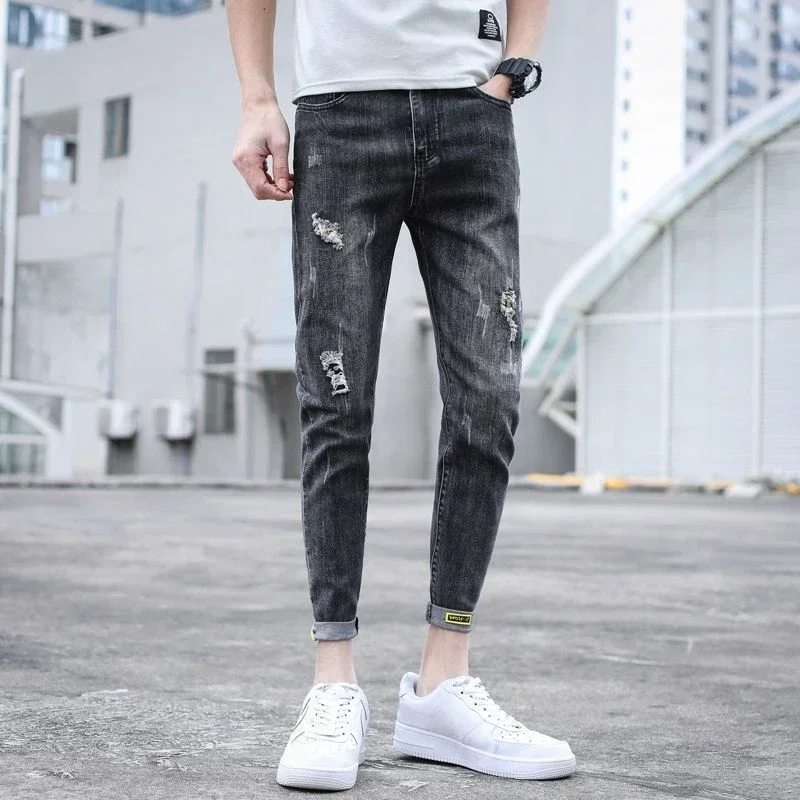 

Men's Jeans Cropped Stretch Man Cowboy Pants Tight Pipe Trousers Broken Slim Fit with Holes Ripped Skinny Elastic Torn Stacked