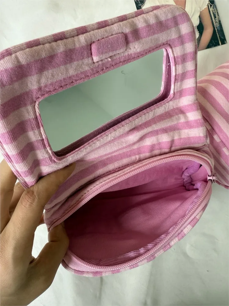 Flip-top With Mirror Makeup Bag Women Pink Striped Portable Zipper Cosmetic Travel Organizer Cute Sweet Handbag Toiletry Pouch 6