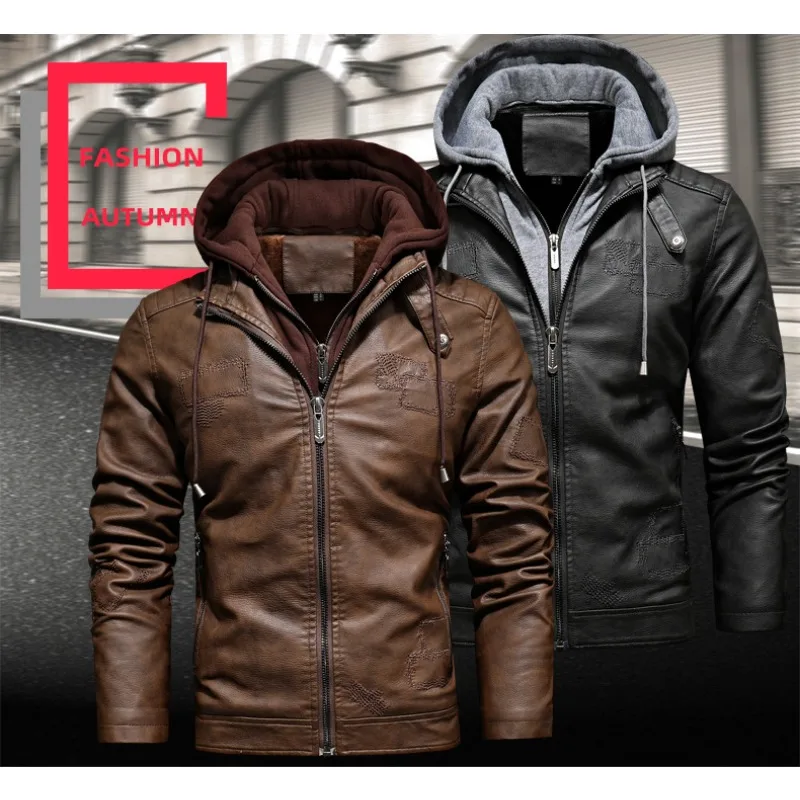 남성용 브랜드 기능 후드 지퍼 오토바이 가죽 재킷, PU 가죽 재킷, 가을 코트, 플러스 사이즈 S-3XL, 직송 2024
