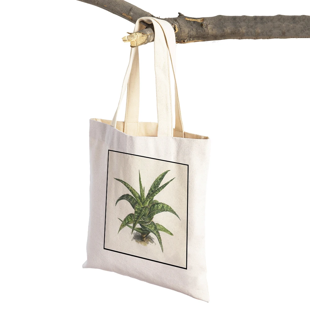 

Casual Flower Cactus Women Shoulder Shopping Bags Eco Reusable Canvas Cartoon Floral Leaf Shopper Bag Tote Supermarket Handbag