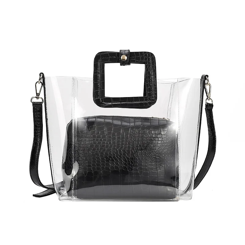 

Luxury brands transparent bag handbags for women imitation bags fashion PVC tote beach clean bag strap 2 bags set shoulder purse
