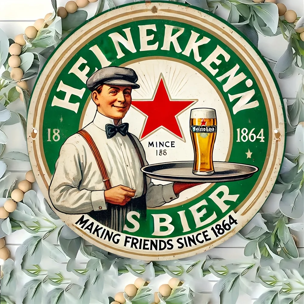 2D 플랫 빈티지 맥주 금속 벽 장식 8x8인치 원형 알루미늄 장식 플라크 1864년부터 친구들이다 레트로 그린 디자인 벽 장식
