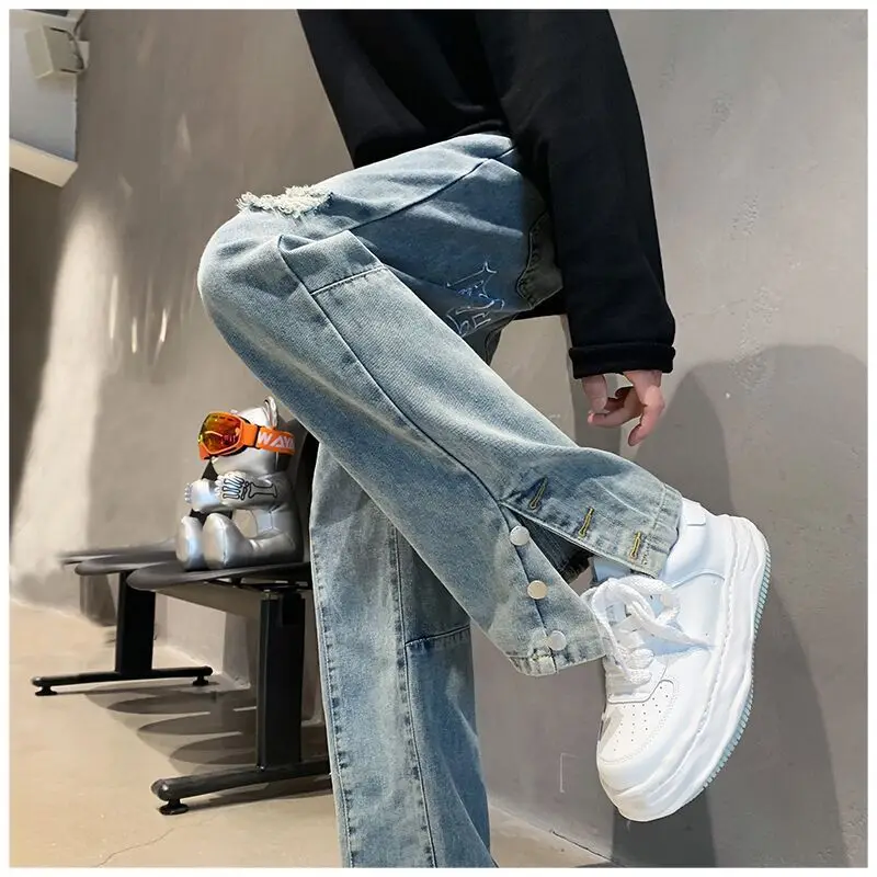 Pánské kalhoty s vyšívaným písmenem, hip hop, volné, ležérní, nové, s rozbitými otvory, streetwear, rovné džínové kalhoty, mužské kalhoty Y2K, pytlovité džíny_voghion.com