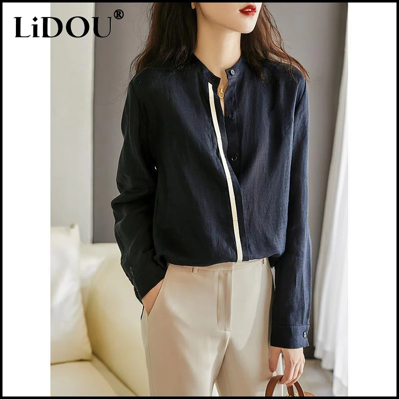 

Summer 2022 Office Lady Solid Color Shirts Fashion Patchwork Buttons Blouse Elegant Stand Collar Full Sleeve Tops Female Blusa