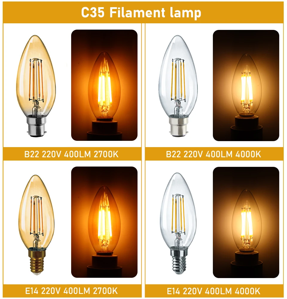 레트로 에디슨 LED 필라멘트 전구, E27 E14 B22 램프, AC220V 전구, C35 G45 A60 ST64 G80 G95 G125 유리 전구, 빈티지 캔들 라이트