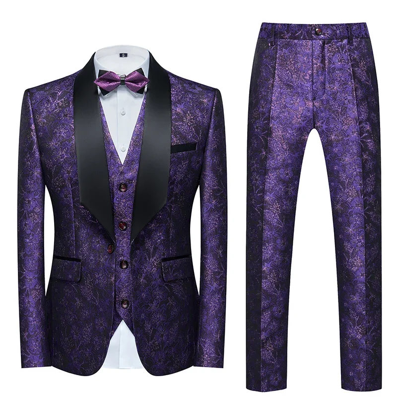 Fashion New Men's Casual Boutique Business Wedding Host Flower Color Suits 3 Pcs Set Dress Blazers Jacket Pants Vest Coat