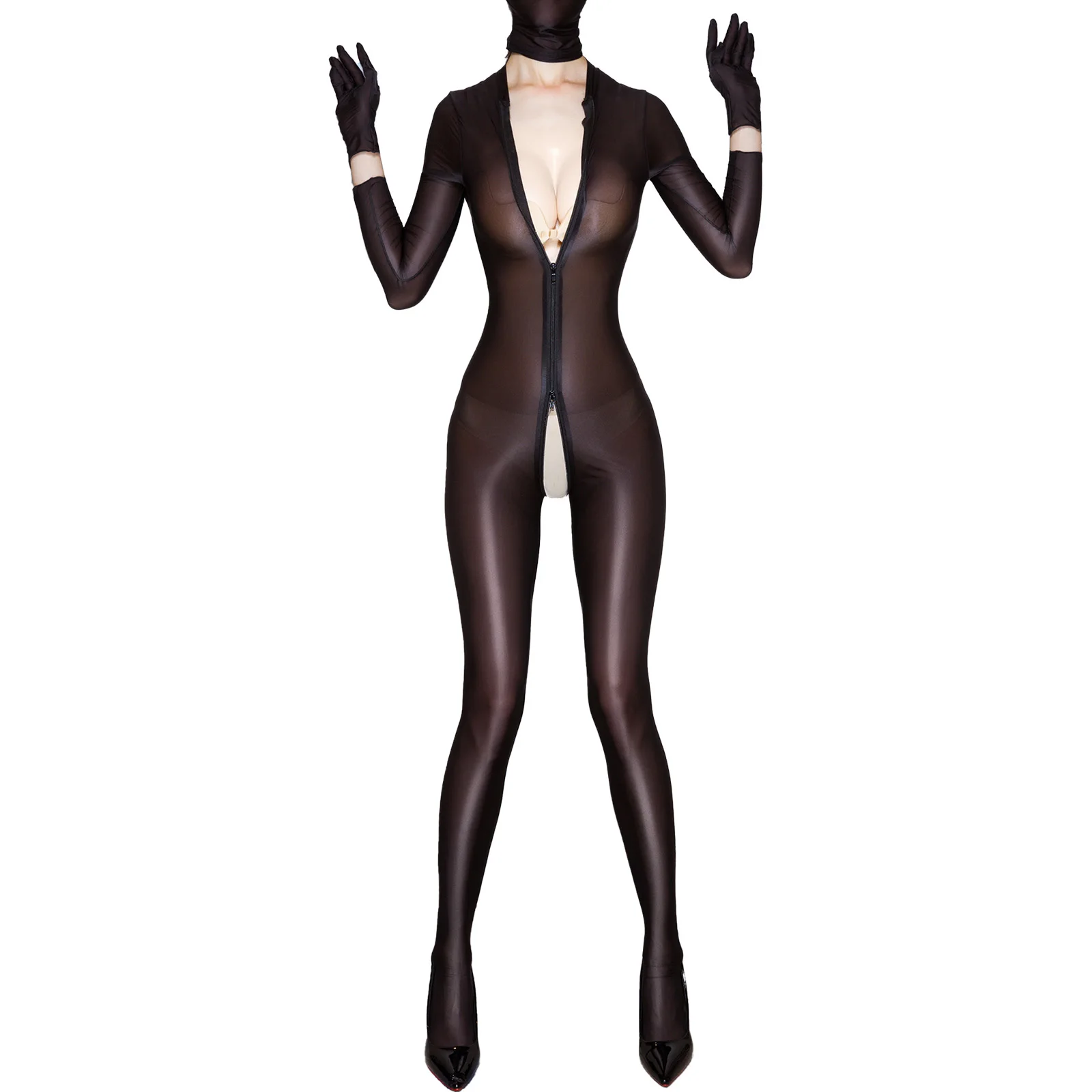

Womens Exotic Lingerie Glossy Sheer Long Sleeve Full Bodysuit Mock Neck Two-way Zipper Jumpsuit Tights Sexy Nightwear Sleepwear