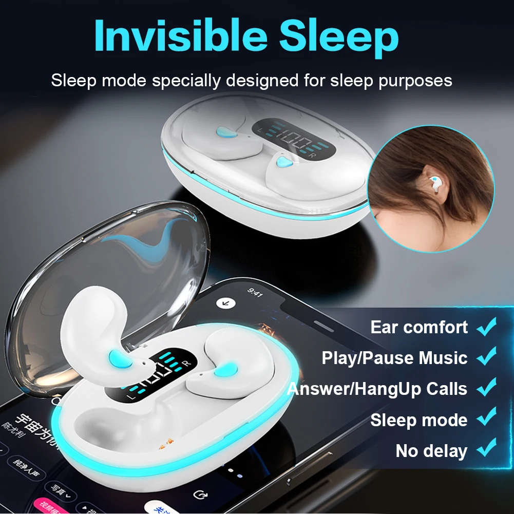 Bluetooth-Compatible 5.3 Stereo Headphones with Charging Case Invisible Sleep Earphones for Running Fitness Learning Accessories 2